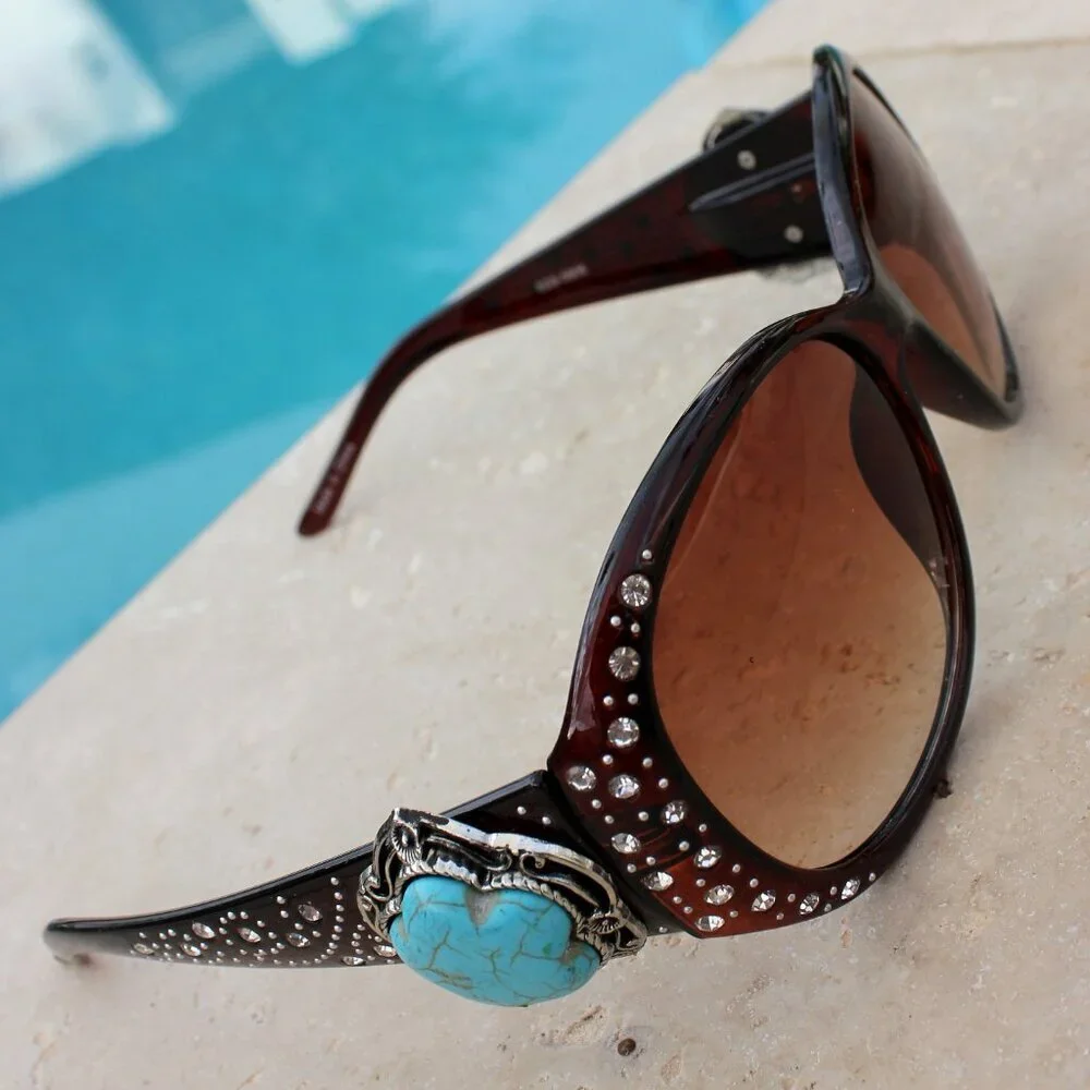 Montana West Sunglasses in Coffee w/Turquoise Flower Concho Accents